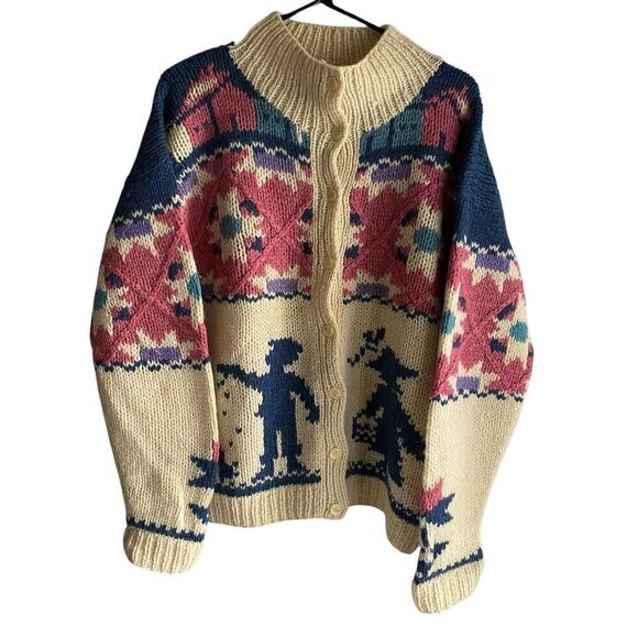 Vtg Woolrich Sweater Womens Medium Wool Boy Girl Heart Chicken Cardigan Cottage - Picture 1 of 7